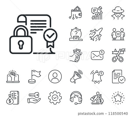 Cyber defence lock sign. Salaryman, gender equality and alert bell outline icons. Security contract line icon. Private protection symbol. Security contract line sign. Vector Cyber defence lock sign. Salaryman, gender equality and alert bell outline icons. Security contract line icon. Private protection symbol. Security contract line sign. Vector 118500540