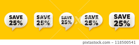 Save 25 percent off tag. 3d chat speech bubbles set. Sale Discount offer price sign. Special offer symbol. Discount talk speech message. Talk box infographics. Vector Save 25 percent off tag. 3d chat speech bubbles set. Sale Discount offer price sign. Special offer symbol. Discount talk speech message. Talk box infographics. Vector 118500541