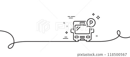 Bus parking line icon. Continuous one line with curl. Auto park sign. Transport place symbol. Bus parking single outline ribbon. Loop curve pattern. Vector Bus parking line icon. Continuous one line with curl. Auto park sign. Transport place symbol. Bus parking single outline ribbon. Loop curve pattern. Vector 118500567