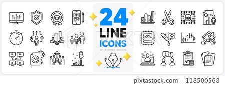 Icons set of Teamwork chart, Cut and Business report line icons pack for app with Bitcoin graph, Project deadline, Timer thin outline icon. Accounting checklist, Business way. Vector 118500568