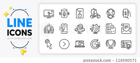 Touch screen, Voice assistant and 24h delivery line icons set for app include Seo laptop, Money app, Approved document outline thin icon. Group, Phone repair, Cake pictogram icon. Vector 118500571