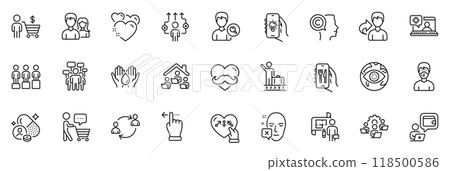 Icons pack as Equity, Genders and Voting campaign line icons for app include Search people, Couple, Cyber attack outline thin icon web set. Heart, Father day, User communication pictogram. Vector Icons pack as Equity, Genders and Voting campaign line icons for app include Search people, Couple, Cyber attack outline thin icon web set. Heart, Father day, User communication pictogram. Vector 118500586
