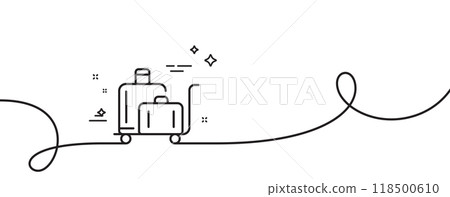 Luggage trolley line icon. Continuous one line with curl. Suitcase bag sign. Baggage claim symbol. Luggage trolley single outline ribbon. Loop curve pattern. Vector 118500610