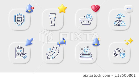 Checklist, Typewriter and Package protection line icons. Buttons with 3d bell, chat speech, cursor. Pack of Risk management, Beer glass, Gears icon. Grilled sausage, Delete order pictogram. Vector Checklist, Typewriter and Package protection line icons. Buttons with 3d bell, chat speech, cursor. Pack of Risk management, Beer glass, Gears icon. Grilled sausage, Delete order pictogram. Vector 118500801