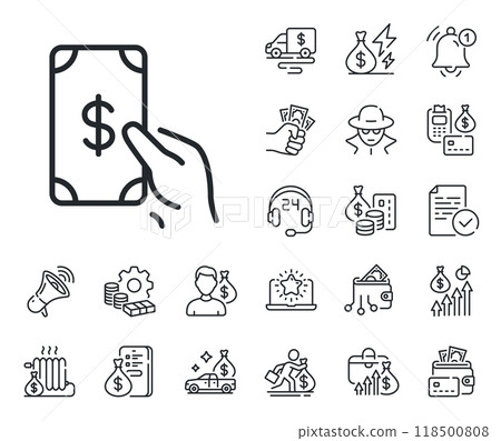 Banking currency sign. Cash money, loan and mortgage outline icons. Hold Cash money line icon. Dollar or USD symbol. Receive money line sign. Credit card, crypto wallet icon. Vector 118500808