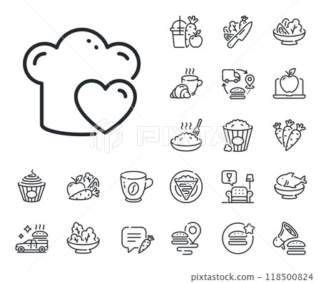 Chef sign. Crepe, sweet popcorn and salad outline icons. Cooking hat line icon. Love food preparation symbol. Love cooking line sign. Pasta spaghetti, fresh juice icon. Supply chain. Vector 118500824