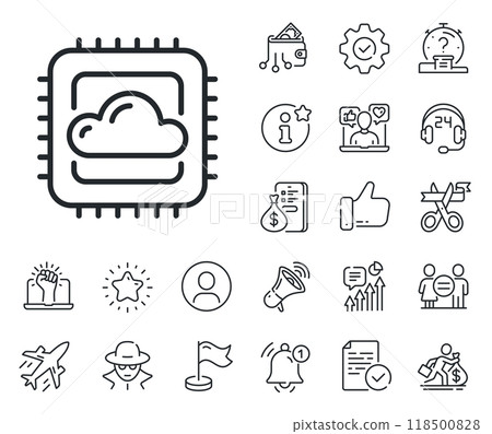 Internet data storage sign. Salaryman, gender equality and alert bell outline icons. Cloud computing cpu line icon. File hosting technology symbol. Cloud computing line sign. Vector Internet data storage sign. Salaryman, gender equality and alert bell outline icons. Cloud computing cpu line icon. File hosting technology symbol. Cloud computing line sign. Vector 118500828