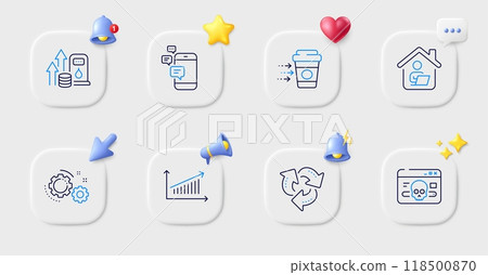 Gears, Cyber attack and Work home line icons. Buttons with 3d bell, chat speech, cursor. Pack of Fuel price, Coffee delivery, Communication icon. Chart, Recycle pictogram. Vector 118500870