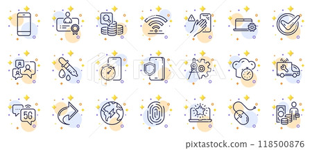 Outline set of Notebook service, Fingerprint and Certificate line icons for web app. Include Cogwheel dividers, Smartphone, Confirmed pictogram icons. Inspect, Computer mouse. Vector 118500876