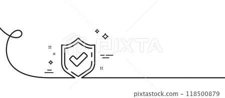 Check mark line icon. Continuous one line with curl. Accepted or Approve sign. Tick shield symbol. Confirmed single outline ribbon. Loop curve pattern. Vector 118500879