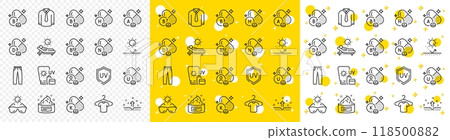 Outline Skin cream, Lounger and Sunscreen line icons pack for web with Sun protection, T-shirt, Pants line icon. Uv protection, Vitamin h, Vitamin k pictogram icon. Pantothenic acid. Vector 118500882