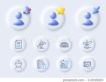 Difficult stress, Sports stadium and Blocked card line icons. Placeholder with 3d cursor, bell, star. Pack of Boat fishing, Psychology, Approved document icon. Vector 118500883