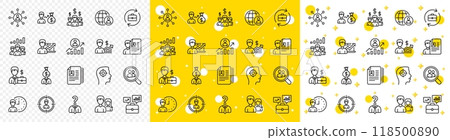 Business networking contract, Job Interview and Head Hunting contract icons. Human Resources, head hunting line icons. CV, Teamwork and Portfolio symbols. Business career, human, interview. Vector 118500890