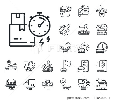 Parcel shipment sign. Plane, supply chain and place location outline icons. Delivery time line icon. Express service symbol. Delivery time line sign. Taxi transport, rent a bike icon. Vector 118500894