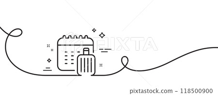 Baggage calendar line icon. Continuous one line with curl. Travel luggage sign. Journey bag claim symbol. Baggage calendar single outline ribbon. Loop curve pattern. Vector 118500900