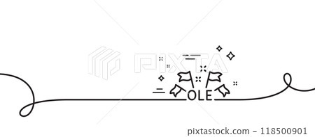 Ole chant line icon. Continuous one line with curl. Championship with flags sign. Sports event symbol. Ole chant single outline ribbon. Loop curve pattern. Vector Ole chant line icon. Continuous one line with curl. Championship with flags sign. Sports event symbol. Ole chant single outline ribbon. Loop curve pattern. Vector 118500901