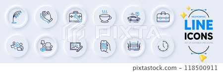 Tool case, Coffee cup and Car parking line icons for web app. Pack of Time, Clapping hands, Floor lamp pictogram icons. Restaurant app, Portfolio, Teamwork signs. Arena stadium. Vector 118500911