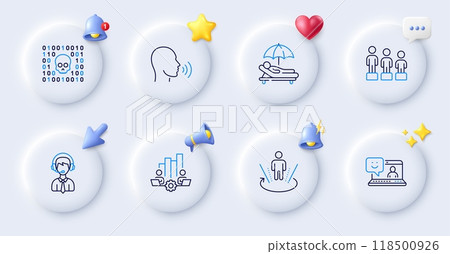 Augmented reality, Smile and Human sing line icons. Buttons with 3d bell, chat speech, cursor. Pack of Sunbed, Binary code, Equality icon. Shipping support, Teamwork chart pictogram. Vector 118500926