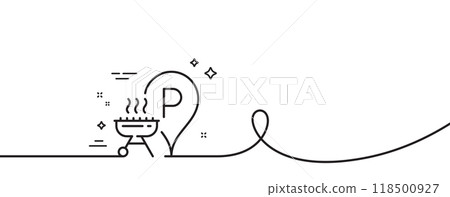 Grill place line icon. Continuous one line with curl. Barbecue cooker for cooking food sign. Hot meat brazier symbol. Grill place single outline ribbon. Loop curve pattern. Vector 118500927