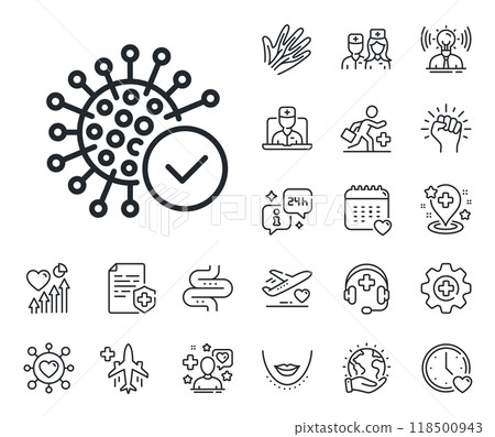 Covid-19 virus sign. Online doctor, patient and medicine outline icons. Confirmed coronavirus line icon. Corona virus symbol. Coronavirus line sign. Veins, nerves and cosmetic procedure icon. Vector 118500943