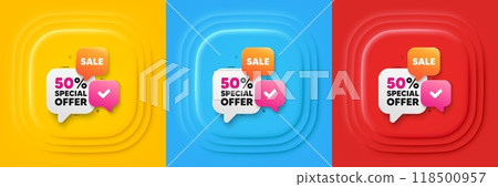Sale 50 percent banner. Neumorphic offer banner, flyer or poster. Discount chat bubbles. Coupon offer icon. Offer 50 percent promo event banner. 3d square buttons. Special deal coupon. Vector Sale 50 percent banner. Neumorphic offer banner, flyer or poster. Discount chat bubbles. Coupon offer icon. Offer 50 percent promo event banner. 3d square buttons. Special deal coupon. Vector 118500957