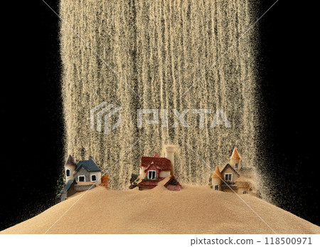 House bury under sand storm. House was damaged by sand wind climate change or global warning. Houses sinking under dust stand from nuclear 118500971