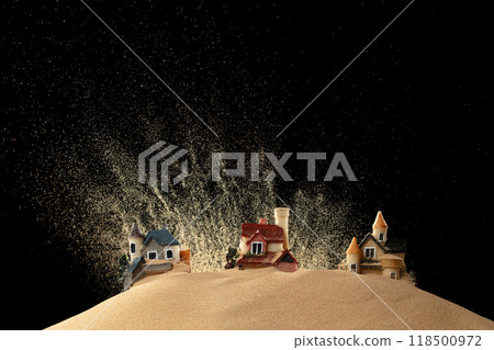 House bury under sand storm. House was damaged by sand wind climate change or global warning. Houses sinking under dust stand from nuclear House bury under sand storm. House was damaged by sand wind climate change or global warning. Houses sinking under dust stand from nuclear 118500972