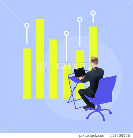 Contemporary art collage. Professional at his desk, surrounded by growing data, illustrates rising influence of digital information in industry. Contemporary art collage. Professional at his desk, surrounded by growing data, illustrates rising influence of digital information in industry. 118500996