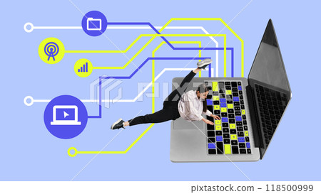 Contemporary art collage. Woman stretches over laptop, blending movement and data, symbolizing fluid connection between human performance and devices Contemporary art collage. Woman stretches over laptop, blending movement and data, symbolizing fluid connection between human performance and devices 118500999