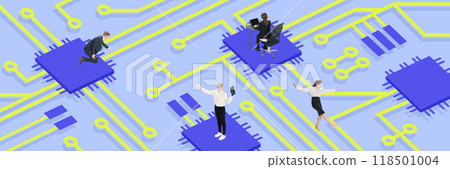 Contemporary art collage. Professionals collaborate across circuit boards, embodying fusion of human work and technology in modern device-driven industries. 118501004