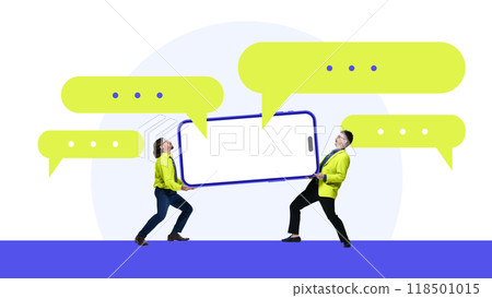 Contemporary art collage. Colleagues hold large smartphone, representing heavy reliance on communication tools in today's device-driven industries. 118501015