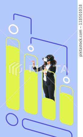 Contemporary art collage. Employee uses VR headset, navigating digital data streams, visualizing connection between industry and virtual devices 118501018