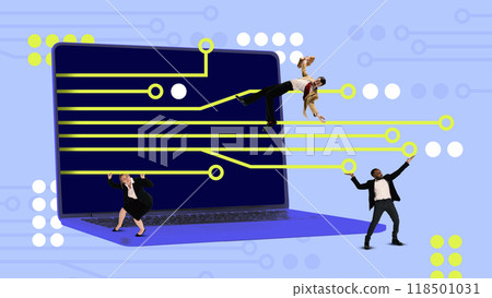 Contemporary art collage. Employees suspended in technology's web, integrating their work with digital advancements in futuristic industrial landscape 118501031