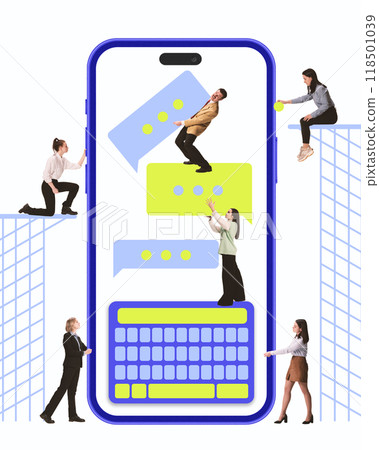 Contemporary art collage. Team interacts with giant smartphone, symbolizing seamless connection between people and digital devices in modern industries. 118501039