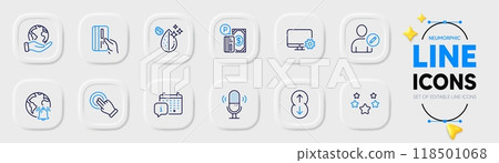 Payment card, Parking payment and Save planet line icons for web app. Pack of Internet notification, Monitor settings, Dirty water pictogram icons. Scroll down, Stars. Neumorphic buttons. Vector 118501068