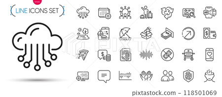 Pack of Coins, Wallet money and Seo analytics line icons. Include Love chat, Squad, Corrupt pictogram icons. Food order, Airport transfer, Calendar signs. Food delivery, Gas grill. Vector 118501069