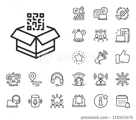 Scan barcode sign. Place location, technology and smart speaker outline icons. Qr code line icon. Check delivery symbol. Qr code line sign. Influencer, brand ambassador icon. Vector 118501070