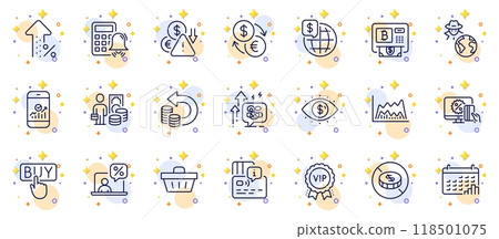 Outline set of Card, Business vision and Trade chart line icons for web app. Include Smartphone statistics, Calculator alarm, Calendar graph pictogram icons. Online tax. Circles with 3d stars. Vector Outline set of Card, Business vision and Trade chart line icons for web app. Include Smartphone statistics, Calculator alarm, Calendar graph pictogram icons. Online tax. Circles with 3d stars. Vector 118501075