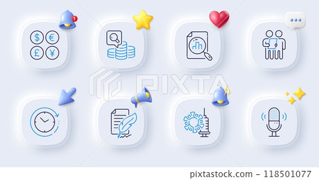 Inspect, Microphone and Time change line icons. Buttons with 3d bell, chat speech, cursor. Pack of Survey, Analytics graph, Feather signature icon. Vector Inspect, Microphone and Time change line icons. Buttons with 3d bell, chat speech, cursor. Pack of Survey, Analytics graph, Feather signature icon. Vector 118501077