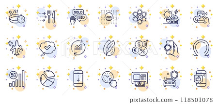 Outline set of Medical flight, Cyber attack and Food delivery line icons for web app. Include Covid app, Share call, Scroll down pictogram icons. Inflation, Building energy, Mobile like signs. Vector Outline set of Medical flight, Cyber attack and Food delivery line icons for web app. Include Covid app, Share call, Scroll down pictogram icons. Inflation, Building energy, Mobile like signs. Vector 118501078
