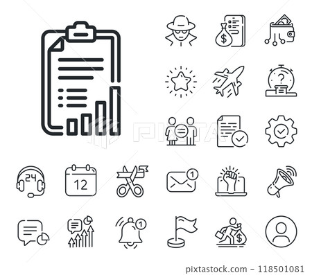 Graph chart sign. Salaryman, gender equality and alert bell outline icons. Checklist line icon. Growth diagram symbol. Checklist line sign. Spy or profile placeholder icon. Vector Graph chart sign. Salaryman, gender equality and alert bell outline icons. Checklist line icon. Growth diagram symbol. Checklist line sign. Spy or profile placeholder icon. Vector 118501081