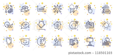 Outline set of Power info, Full rotation and Downloading line icons for web app. Include Airplane, Smile chat, Work home pictogram icons. Deflation, Selfie stick, Swipe up signs. Vector Outline set of Power info, Full rotation and Downloading line icons for web app. Include Airplane, Smile chat, Work home pictogram icons. Deflation, Selfie stick, Swipe up signs. Vector 118501103