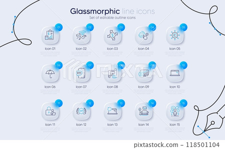 Set of Emergency call, Laptop and Waterproof umbrella line icons for web app. Lock, Customer satisfaction, Bitcoin chart icons. Vip security, Furniture, Report signs. Recovery laptop. Vector 118501104