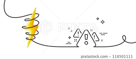 Warning line icon. Continuous one line with curl. Attention triangle sign. Caution alert symbol. Warning single outline ribbon. Loop curve with energy. Vector Warning line icon. Continuous one line with curl. Attention triangle sign. Caution alert symbol. Warning single outline ribbon. Loop curve with energy. Vector 118501111