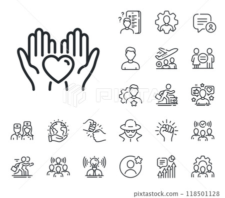 Friends love sign. Specialist, doctor and job competition outline icons. Hold heart line icon. Friendship hand symbol. Hold heart line sign. Avatar placeholder, spy headshot icon. Vector 118501128