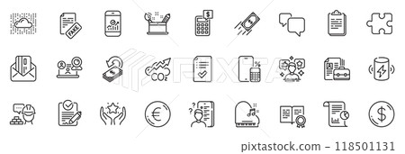 Icons pack as Report, Dollar money and Piano line icons for app include Calculator, Clipboard, Smartphone statistics outline thin icon web set. Cloud system, Creativity concept. Vector 118501131
