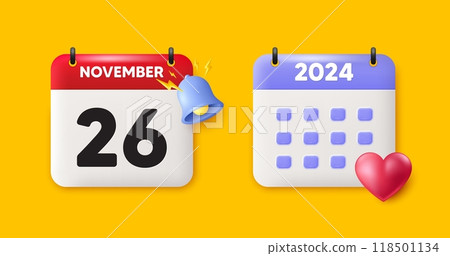 Calendar date 3d icon. 26th day of the month icon. Event schedule date. Meeting appointment time. 26th day of November month. Calendar event reminder date. Vector 118501134