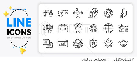 Transmitter, Stress and Portfolio line icons set for app include Social distancing, Calendar, Medical mask outline thin icon. Organic tested, Web traffic, Charging station pictogram icon. Vector 118501137