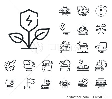Electric energy sign. Plane, supply chain and place location outline icons. Eco power line icon. Charging shield symbol. Eco power line sign. Taxi transport, rent a bike icon. Travel map. Vector 118501138