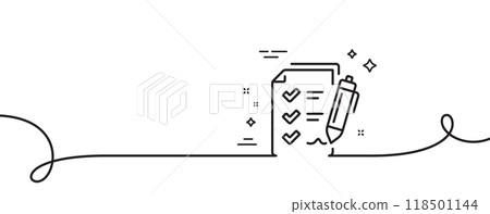 Survey Checklist line icon. Continuous one line with curl. Report sign. Business review symbol. Survey checklist single outline ribbon. Loop curve pattern. Vector 118501144